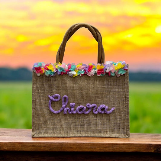 Borsa FlowerS - Multicolor in Juta personalizzabile in tricotin . - #intreccio_lia#