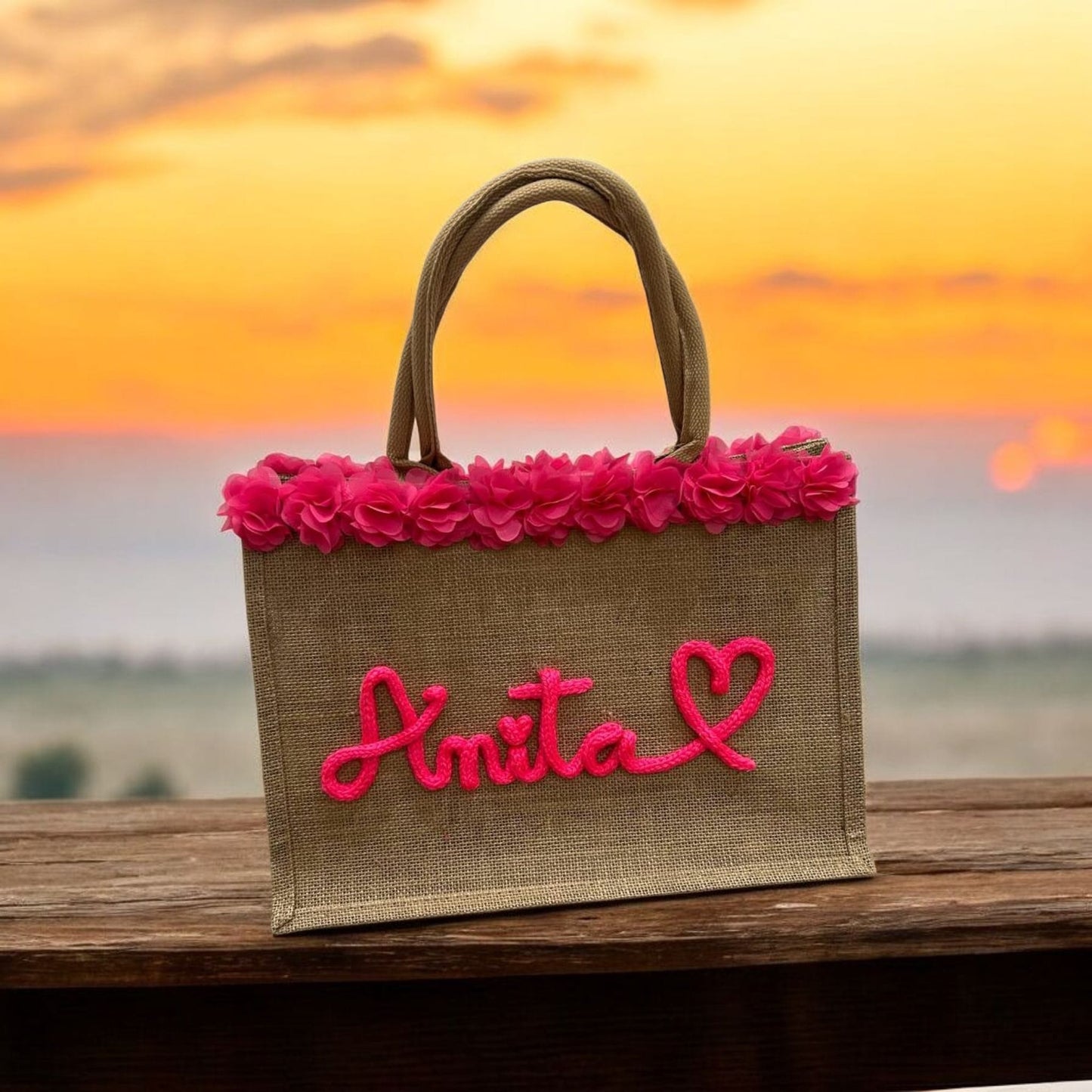 Borsa FlowerS - Rosa in Juta personalizzabile in tricotin . - #intreccio_lia#