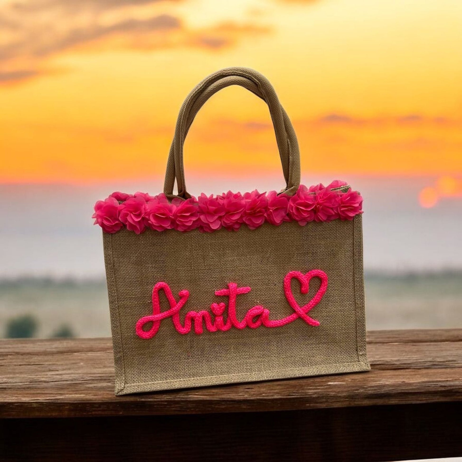Borsa FlowerS - Rosa in Juta personalizzabile in tricotin . - #intreccio_lia#
