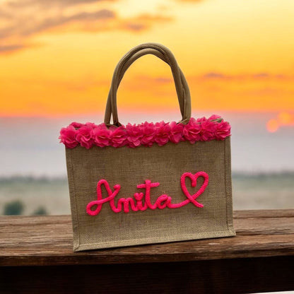 Borsa FlowerS - Rosa in Juta personalizzabile in tricotin . - #intreccio_lia#