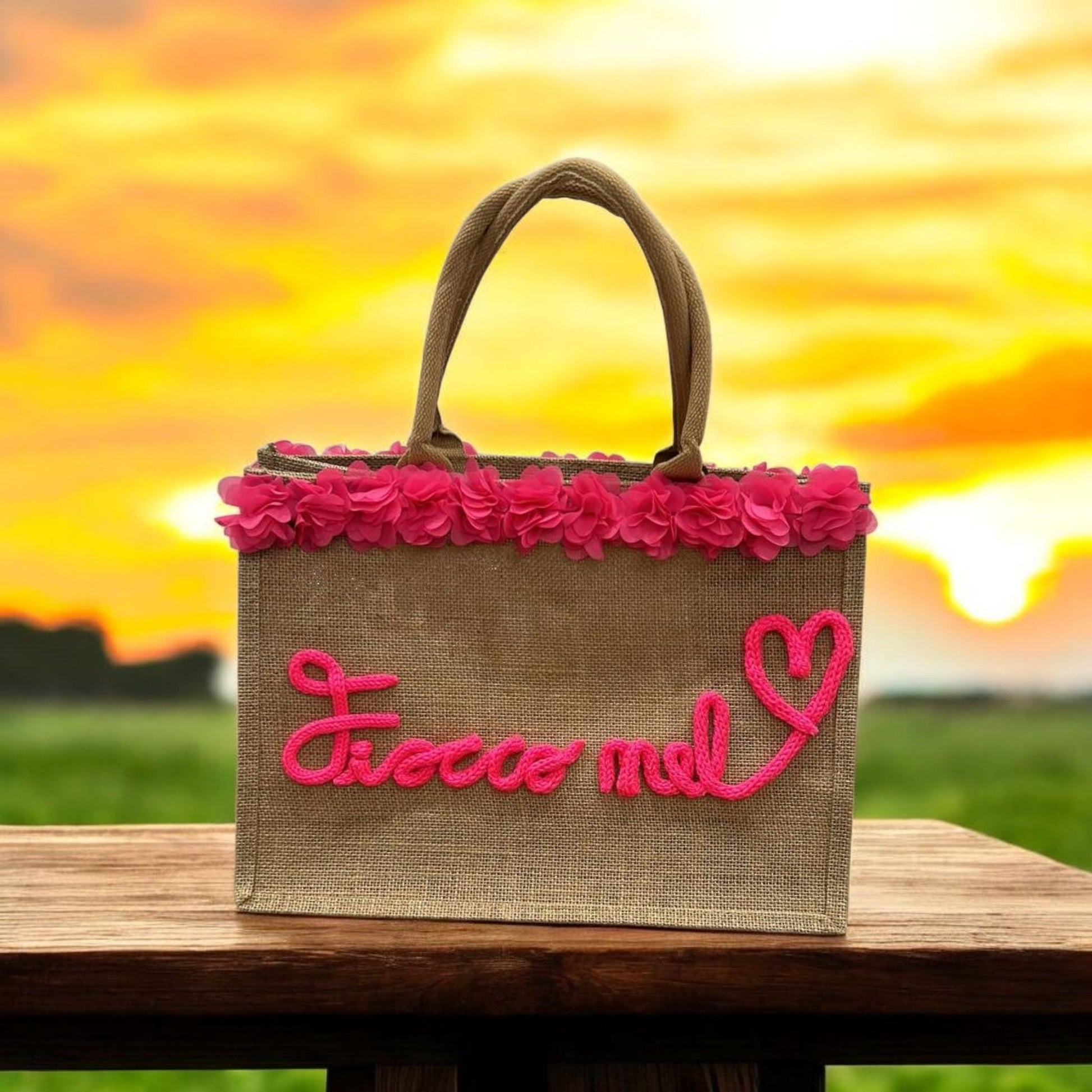 Borsa FlowerS - Rosa in Juta personalizzabile in tricotin . - #intreccio_lia#