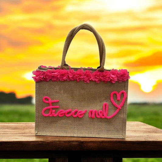 Borsa FlowerS - Rosa in Juta personalizzabile in tricotin . - #intreccio_lia#