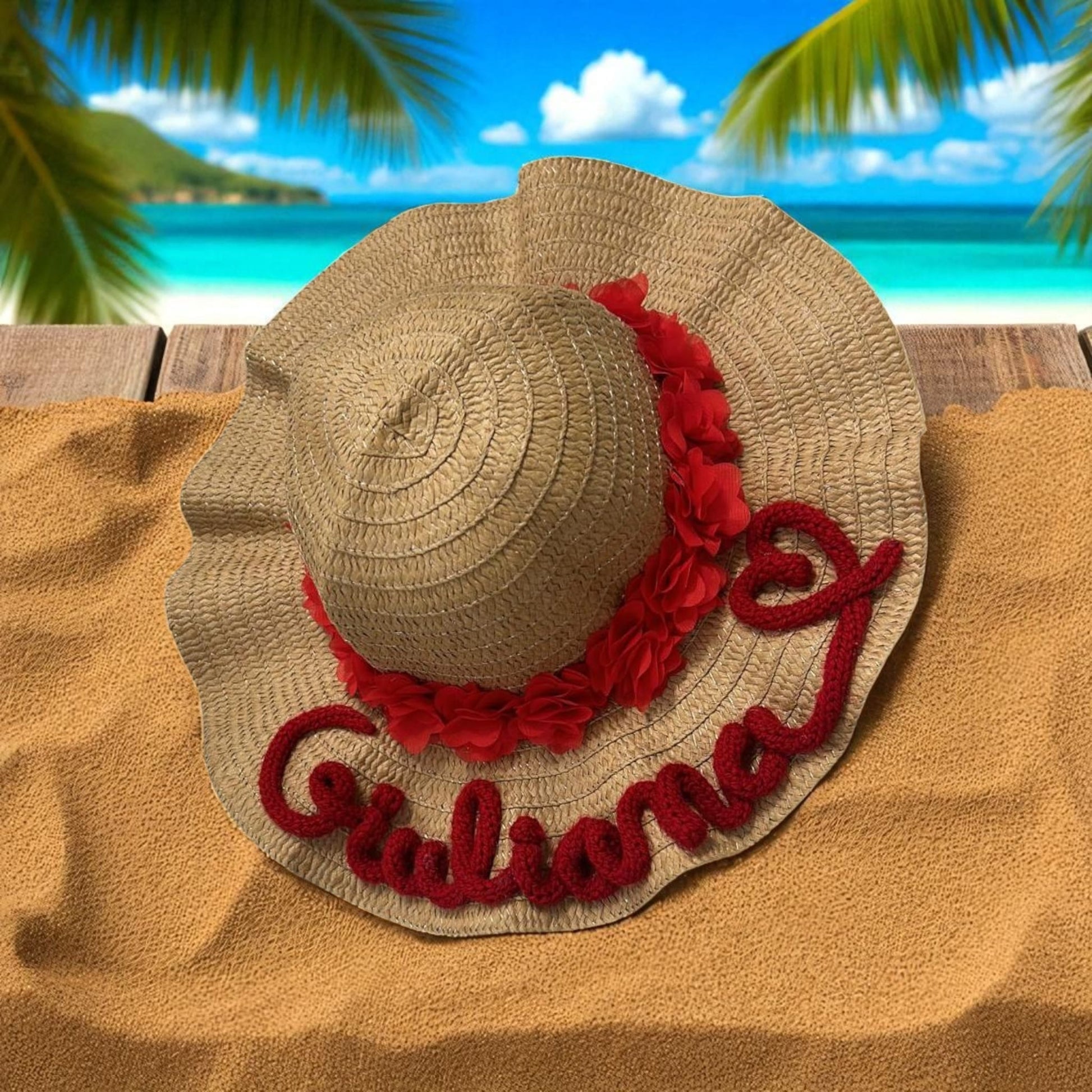 Cappello di paglia beige con nome personalizzato in tricotin - intreccio_lia