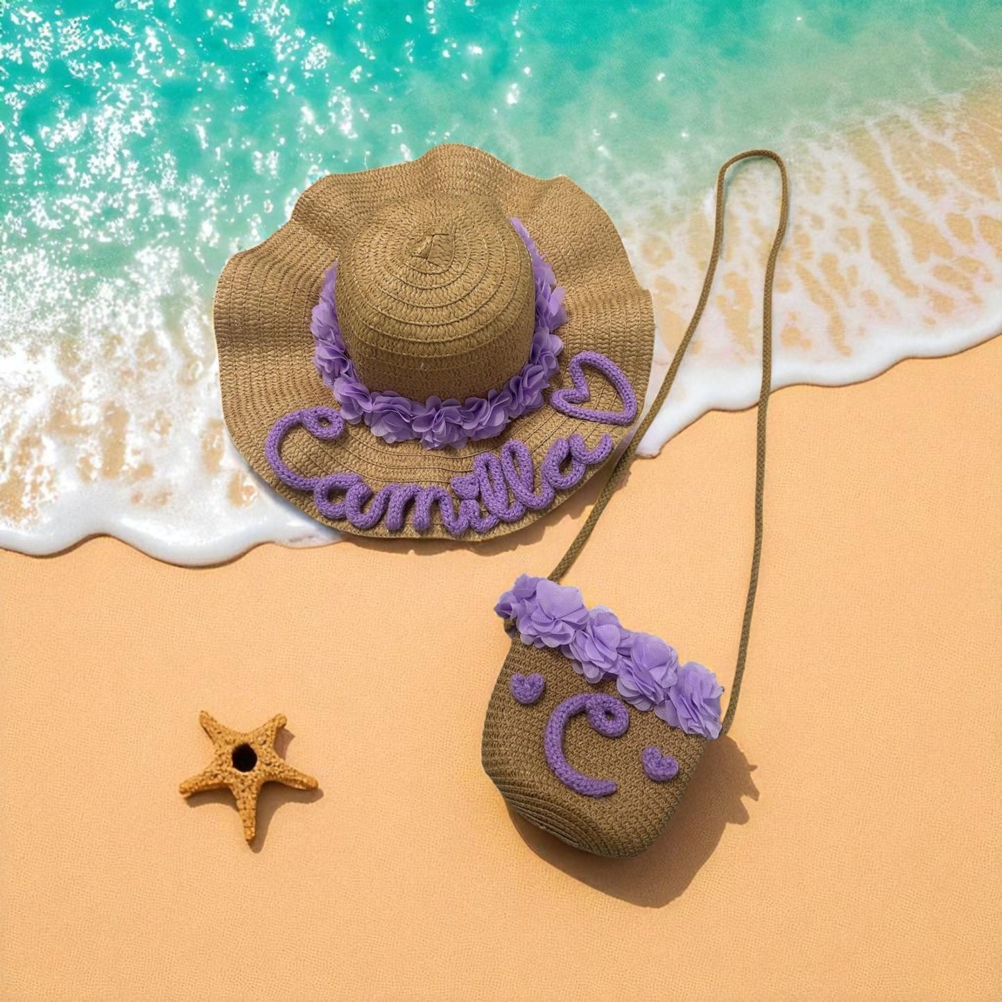 Cappello di paglia con borsetta in juta personalizzata in tricotin. - intreccio_lia