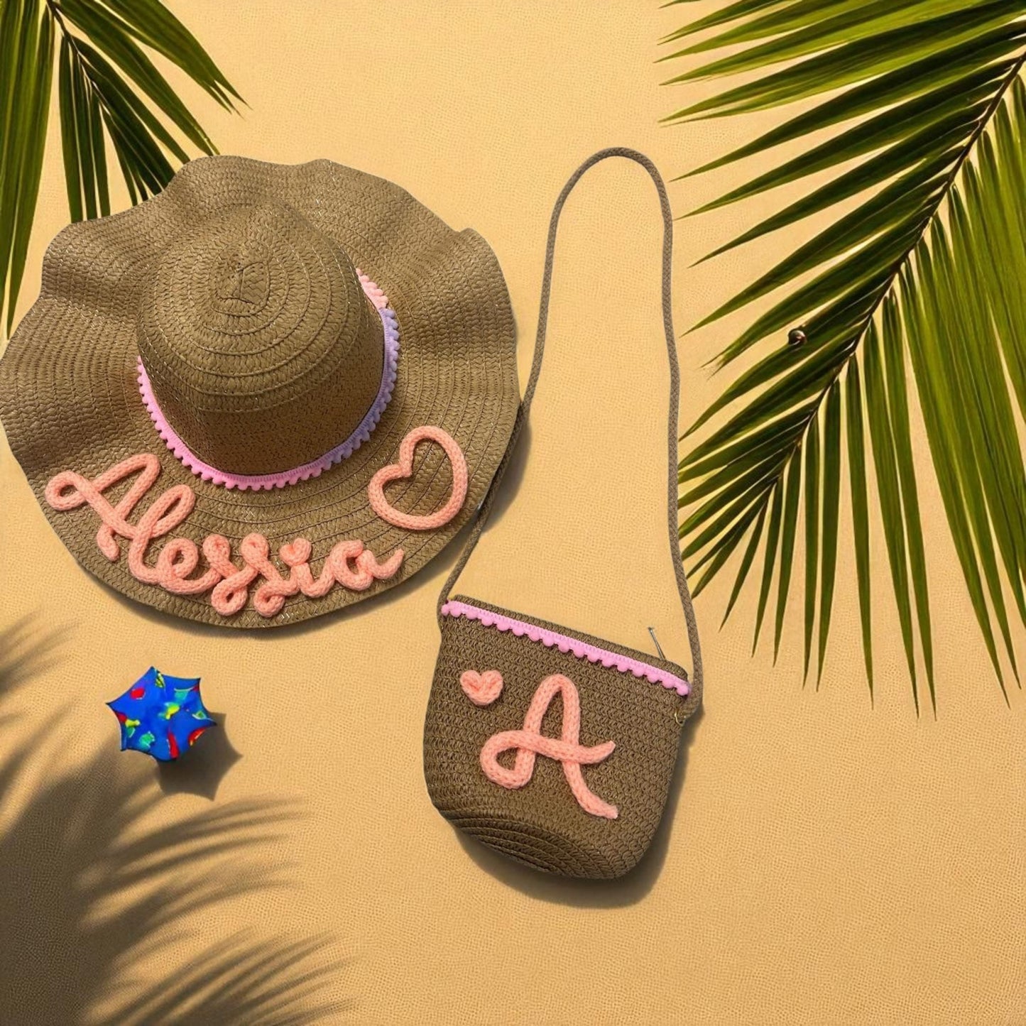 Cappello di paglia con borsetta in juta personalizzato in tricotin. - intreccio_lia